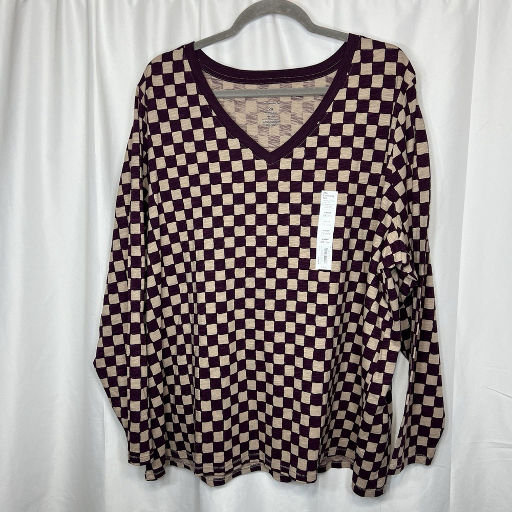 SONOMA Women’s Everyday Tee Checkerboard Print V-Neck Long Sleeve 2X Cotton